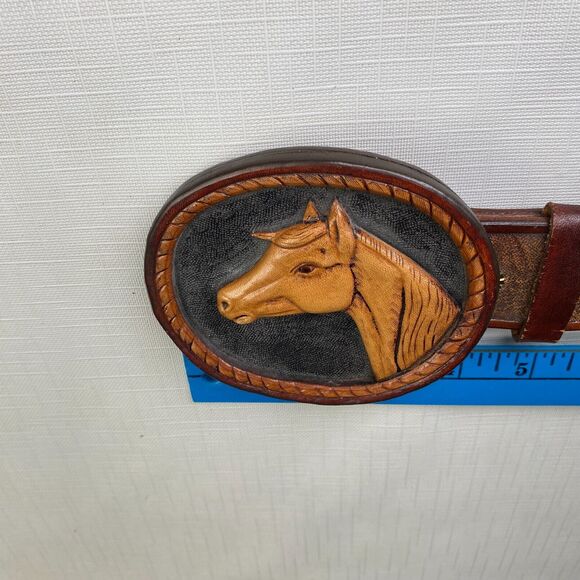 Hand Tooled LEATHER 3-D HORSES SCENE Western Belt! Handmade T Goodloe Sz 29 - Picture 7 of 16
